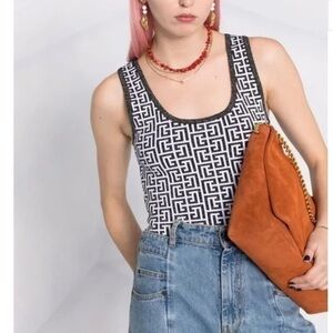 NEW BALMAIN Monogram Black and White Glitter Jacquard Bodysuit Size 36